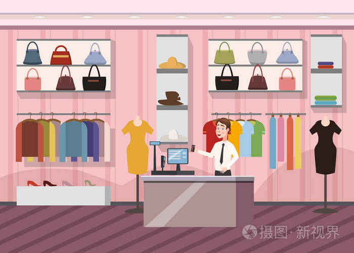 時裝店超級市場女裝購物商場內(nèi)橫幅與復(fù)制空間卡通矢量插畫